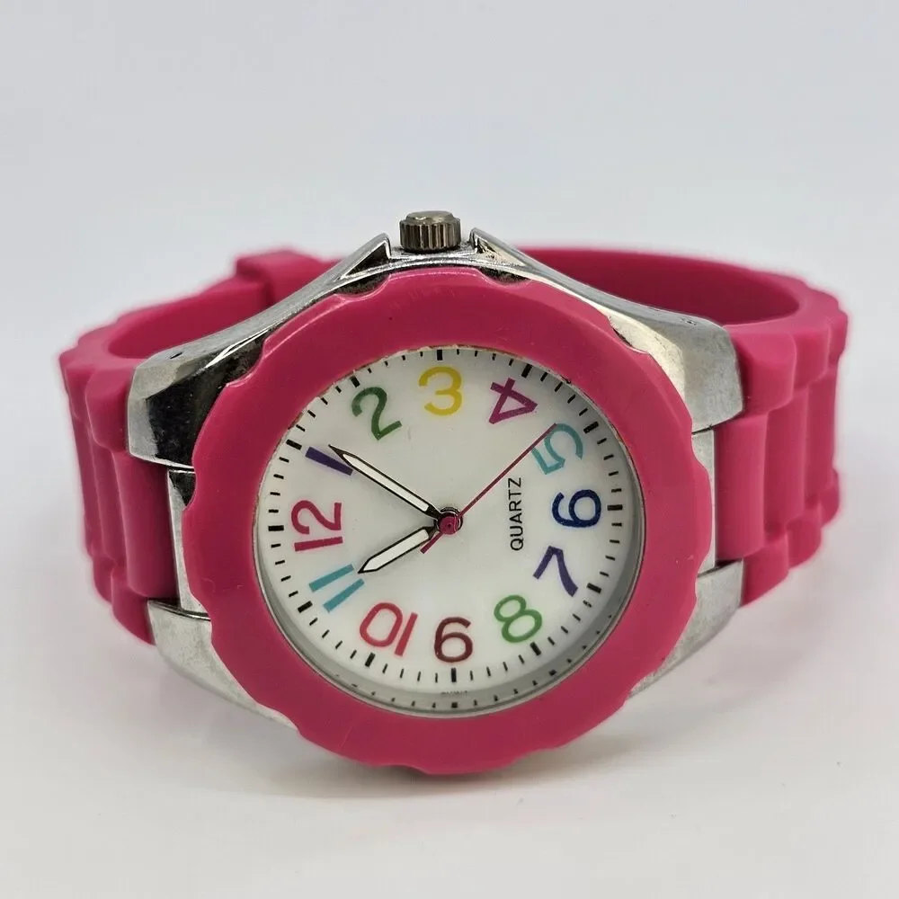 40MM Women's Watch White Dial Colorful Hour Marks Pink Plastic Bands New Battery
